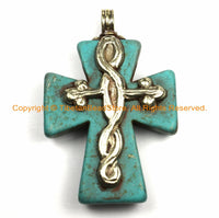 Tibetan Reversible Turquoise Cross Pendant with Repousse Tibetan Silver Bail, Floral & Twisted Vine Details by TibetanBeadStore- WM6170
