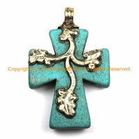 Tibetan Reversible Turquoise Cross Pendant with Repousse Tibetan Silver Bail, Lotus Flower, Floral Vine Details by TibetanBeadStore WM6169