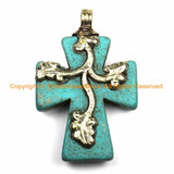 Tibetan Reversible Turquoise Cross Pendant with Repousse Tibetan Silver Bail, Lotus Flower, Floral Vine Details by TibetanBeadStore WM6169