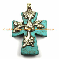 Tibetan Reversible Turquoise Cross Pendant with Repousse Tibetan Silver Bail, Lotus Flower, Floral Vine Details by TibetanBeadStore WM6169