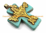 Tibetan Reversible Turquoise Cross Pendant with Repousse Brass Bail, Lotus Flower & Floral Details- Jewelry by TibetanBeadStore- WM6164