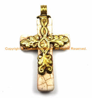 Tibetan Reversible Howlite Turquoise Cross Pendant with Repousse Brass Bail, Snake Serpent & Floral Details by TibetanBeadStore- WM6133