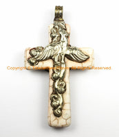Tibetan Reversible Howlite Turquoise Cross Pendant with Repousse Tibetan Silver Bail, Phoenix Bird & Lotus Floral Details- WM6136