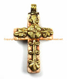 Tibetan Reversible Howlite Turquoise Cross Pendant with Repousse Brass Bail, Lotus Flower & Floral Details by TibetanBeadStore- WM6134