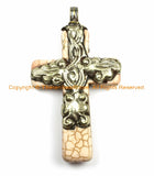 Tibetan Reversible Howlite Turquoise Cross Pendant with Tibetan Silver Bail, Repousse Hand Carved Snake & Floral Vine Details- WM6135