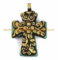 OOAK Tibetan Reversible Turquoise Cross Pendant with Brass Bail, Repousse Hand Carved Lotus Flower & Floral Details -Tibetan Cross- WM6162