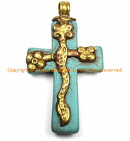 Tibetan Reversible Turquoise Cross Pendant with Brass Bail, Repousse Hand Carved Snake Serpent & Floral Details by TibetanBeadStore- WM6145