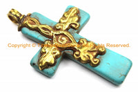 Tibetan Reversible Turquoise Cross Pendant with Brass Bail, Repousse Hand Carved Snake Serpent & Floral Details by TibetanBeadStore- WM6148