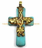 Tibetan Reversible Turquoise Cross Pendant with Brass Bail, Repousse Hand Carved Snake Serpent & Floral Details by TibetanBeadStore- WM6148