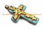 Tibetan Reversible Turquoise Cross Pendant with Brass Bail, Repousse Hand Carved Floral Details -Tibetan Cross- Turquoise Cross- WM6139