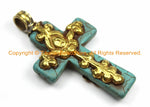 Tibetan Reversible Turquoise Cross Pendant with Brass Repousse Hand Carved Lotus Floral Details -Tibetan Cross- Turquoise Cross- WM6137