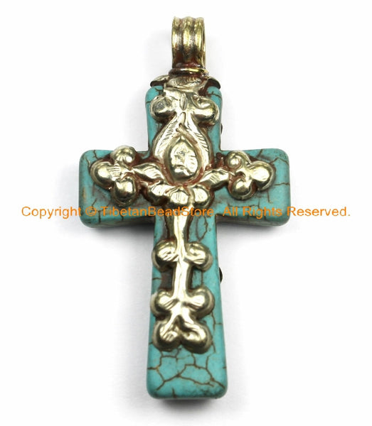 Tibetan Reversible Turquoise Cross Pendant with Tibetan Silver Metal Bail & Carved Lotus Floral Details -Tibetan Turquoise Cross- WM6141