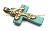 Tibetan Reversible Turquoise Cross Pendant with Tibetan Silver Metal Bail & Carved Lotus Floral Details -Tibetan Turquoise Cross- WM6141
