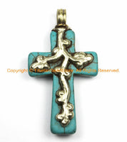 Tibetan Reversible Turquoise Cross Pendant with Tibetan Silver Metal Bail & Carved Floral Details - Ethnic Tibetan Turquoise Cross- WM6140