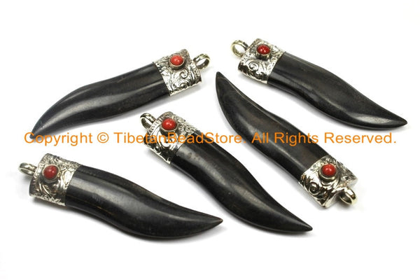 Boho Ethnic Tribal Tibetan Horn Tusk Tooth Chili Chilli Pepper Shape Horn Pendant with Repousse Hand Carved Tibetan Silver Metal Cap- WM6101