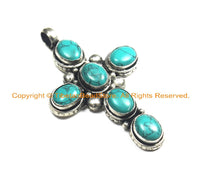 Nepal Tibetan Cross pendant with Turquoise Inlay - Nepalese Pendant Tibetan Pendant Nepal Tibet Ethnic - Inlaid Cross Pendant - WM519