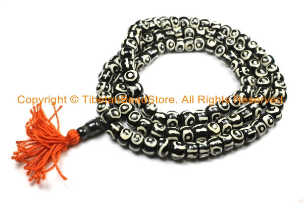 108 beads Tibetan Bone Mala Prayer Beads 8mm Size Circles Eye Design- Tibetan Buddhist Rosary Yoga Meditation Mala Beads - PB135 - TibetanBeadStore
