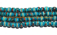 10 BEADS 8mm Tibetan Blue Color Bone Beads with Turquoise, Coral & Metal Inlays - Ethnic Nepal Tibetan Blue Bone Mala Beads - LPB147S-10