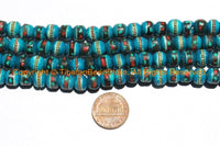 20 BEADS 8mm Tibetan Blue Color Bone Beads with Turquoise, Coral & Metal Inlays - Ethnic Nepal Tibetan Blue Bone Mala Beads - LPB147S-20
