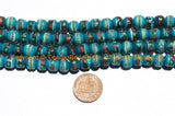 10 BEADS 8mm Tibetan Blue Color Bone Beads with Turquoise, Coral & Metal Inlays - Ethnic Nepal Tibetan Blue Bone Mala Beads - LPB147S-10