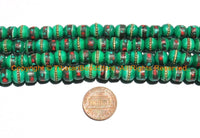 10 BEADS 8mm Tibetan Green Color Bone Beads with Turquoise, Coral & Metal Inlays - Ethnic Nepal Tibetan Green Bone Beads - LPB148S-10