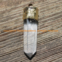 LARGE Himalayan Tibetan Luxe Crystal Quartz Point Pendant with Carved Lotus Floral Tibetan Brass Cap 3"x1" Tibetan Crystal Pendant - WM6214