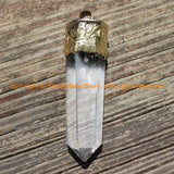 LARGE Himalayan Tibetan Luxe Crystal Quartz Point Pendant with Carved Lotus Floral Tibetan Brass Cap 3"x1" Tibetan Crystal Pendant - WM6214