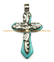 Tibetan Reversible Turquoise Cross Pendant with Tibetan Silver Metal Bail & Carved Floral Details - Ethnic Tibetan Turquoise Cross- WM6310