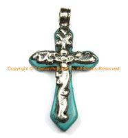 Tibetan Reversible Turquoise Cross Pendant with Tibetan Silver Metal Bail & Carved Floral Details - Ethnic Tibetan Turquoise Cross- WM6310