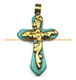 Tibetan Reversible Turquoise Cross Pendant with Brass Bail, Repousse Hand Carved Floral Details -Tibetan Cross- Turquoise Cross- WM6310B