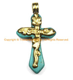 2 PENDANTS Tibetan Reversible Turquoise Cross Pendants with Brass Bail, Repousse Carved Floral Details - Turquoise Cross- WM6310B-2