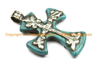 Tibetan Reversible Turquoise Cross Pendant with Tibetan Silver Metal Bail & Carved Floral Details - Ethnic Nepal Tibetan Cross- WM6309