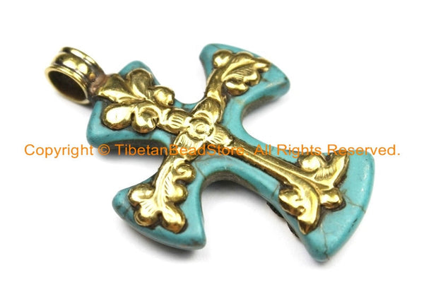 2 PENDANTS Tibetan Reversible Turquoise Cross Pendants with Brass Bail, Repousse Carved Floral Details -Tibetan Turquoise Cross- WM6309B-2