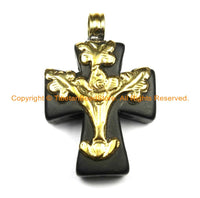 Tibetan Reversible Black Howlite Cross Pendant with Repousse Brass Bail & Floral Details - Ethnic Tibetan Black Cross- WM6311B