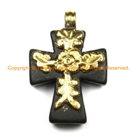 Tibetan Reversible Black Howlite Cross Pendant with Repousse Brass Bail & Floral Details - Ethnic Tibetan Black Cross- WM6311B