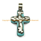 Small Tibetan Reversible Turquoise Cross Pendant with Tibetan Silver Metal Bail & Carved Floral Details - Ethnic Turquoise Cross- WM6308