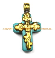 Small Tibetan Reversible Turquoise Cross Pendant with Brass Bail & Carved Floral Details - Ethnic Turquoise Cross- WM6308B