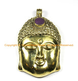 LARGE Buddha Head Tibetan Brass Pendant with Inlay Accent, Repousse Floral Details - 59mm x 98mm OOAK Statement Tibetan Pendant - WM6360