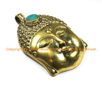 LARGE Buddha Head Tibetan Brass Pendant with Turquoise Accent, Repousse Floral Details - 59mm x 98mm OOAK Statement Tibetan Pendant - WM6362