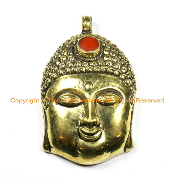 LARGE Buddha Head Tibetan Brass Pendant with Inlay Coral Accent, Repousse Floral Details - 60mm x 98mm - OOAK Tibetan Pendant - WM6366