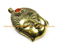 LARGE Buddha Head Tibetan Brass Pendant with Inlay Coral Accent, Repousse Floral Details - 60mm x 98mm - OOAK Tibetan Pendant - WM6366