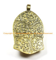 LARGE Buddha Head Tibetan Brass Pendant with Inlay Coral Accent, Repousse Floral Details - 60mm x 98mm - OOAK Tibetan Pendant - WM6366