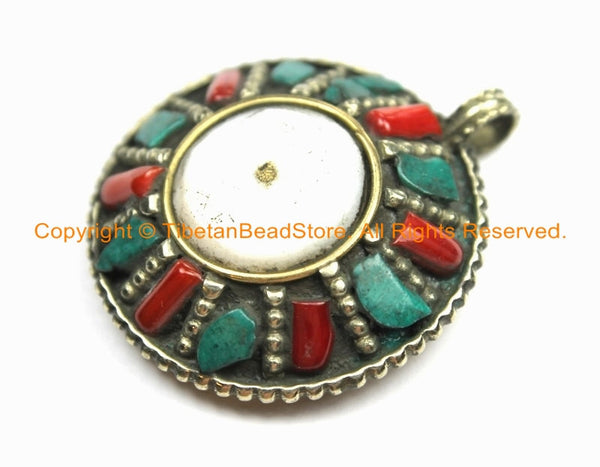 Ethnic Tribal Tibetan Reversible Naga Conch Shell Pendant with Repousse Brass Auspicious Conch Details, Turquoise, Coral Inlays - WM6292