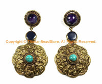 OOAK LARGE Ethnic Tibetan Floral Earrings with Brass, Turquoise, Amethyst & Resin Inlays- Handmade TibetanBeadStore Custom Designs - E14