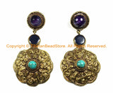 OOAK LARGE Ethnic Tibetan Floral Earrings with Brass, Turquoise, Amethyst & Resin Inlays- Handmade TibetanBeadStore Custom Designs - E14
