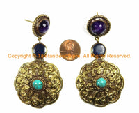 OOAK LARGE Ethnic Tibetan Floral Earrings with Brass, Turquoise, Amethyst & Resin Inlays- Handmade TibetanBeadStore Custom Designs - E14