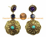 OOAK LARGE Ethnic Tibetan Floral Earrings with Brass, Turquoise, Amethyst & Resin Inlays- Handmade TibetanBeadStore Custom Designs - E14