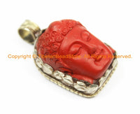 Tibetan Red Buddha Head Pendant with Repousse Lotus Floral Details- TibetanBeadStore's Custom Design Buddha Head Pendant- WM6127C