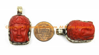 Tibetan Red Buddha Head Pendant with Repousse Lotus Floral Details- TibetanBeadStore's Custom Design Buddha Head Pendant- WM6127C