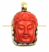 Tibetan Red Buddha Head Pendant with Repousse Lotus Floral Details- TibetanBeadStore's Custom Design Buddha Head Pendant- WM6127C